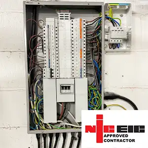 Commercial EICR inspection advertisement showing NICEIC Approved Contractor and electrical distribution board with circuit breakers.