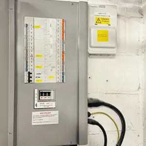 Three‑phase distribution board installed at DJ Laundry E18, fitted with surge protection device, labelled circuits, and upgraded cabling.