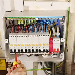 IG1 board change showing upgraded consumer unit, corrected neutral‑earth fault, and professional wiring layout during diagnostic work.