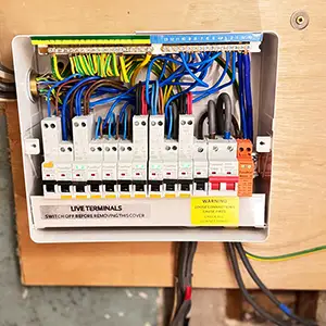 New RCBO consumer unit with SPD installed after failed EICR in IG2, showing tidy wiring and labelled circuits.