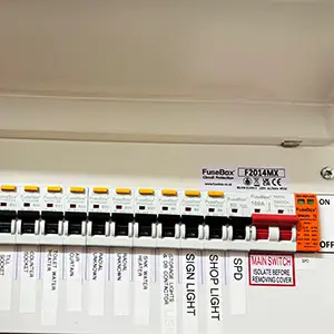 Commercial FuseBox consumer unit installed in E6 shop after hours, with RCBOs, SPD and clearly labelled circuits.