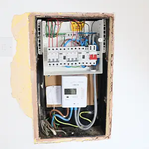 Skeleton board replaced in E15 with new dual‑RCD consumer unit and surge protection device installed.