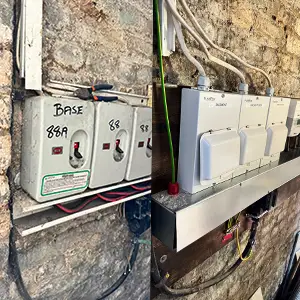 Before‑and‑after comparison of submain supplies for three flats in Romford, showing upgrade from old switches to modern protected units.